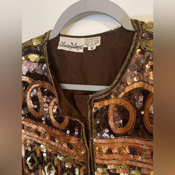 Vintage Sequin & Bead Cropped Jacket - Medium 100% Silk, Made in India - Picture 3 of 6
